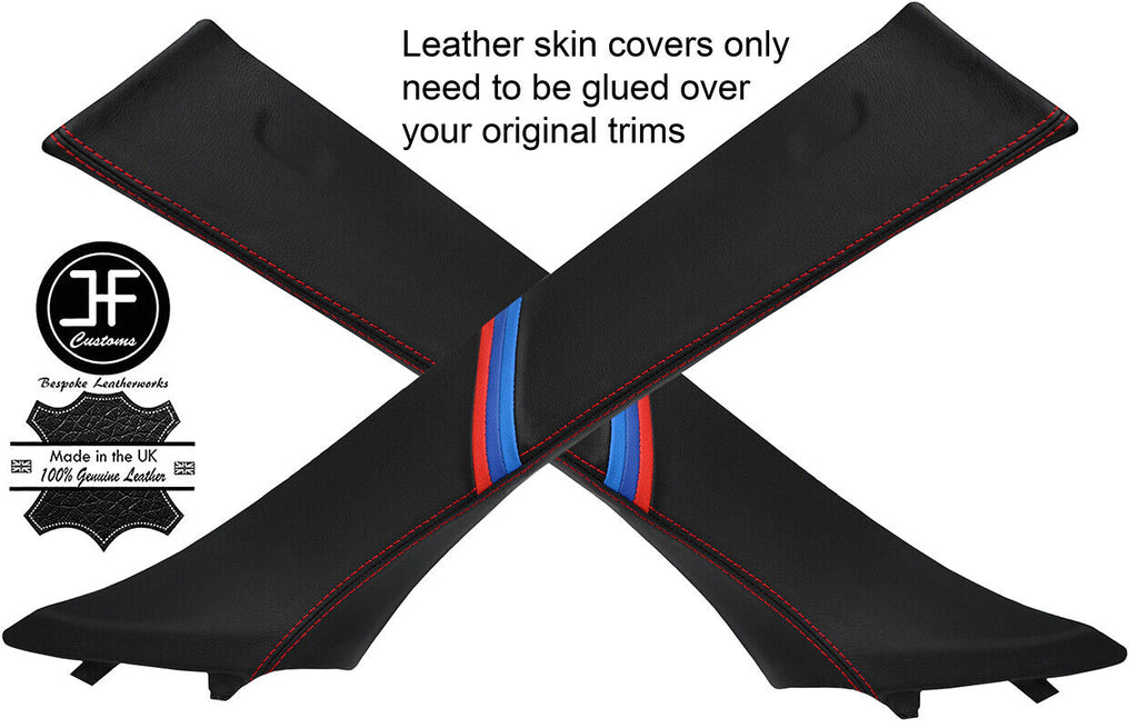 RED STITCH TRI STRIPES 2X A PILLAR REAL LEATHER COVERS FITS BMW X6 E71 07-14