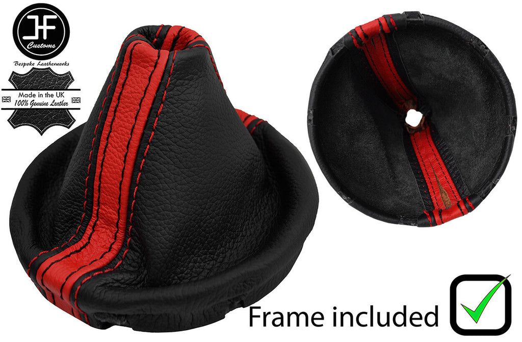 BLACK & RED STRIPE LEATHER GEAR GAITER+PLASTIC FRAME FOR VW T5 TRANSPORTER