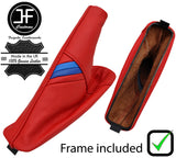RED LEATHER TRI STRIPE HANDBRAKE GAITER+PLASTIC FRAME FOR BMW E46 3 99-05
