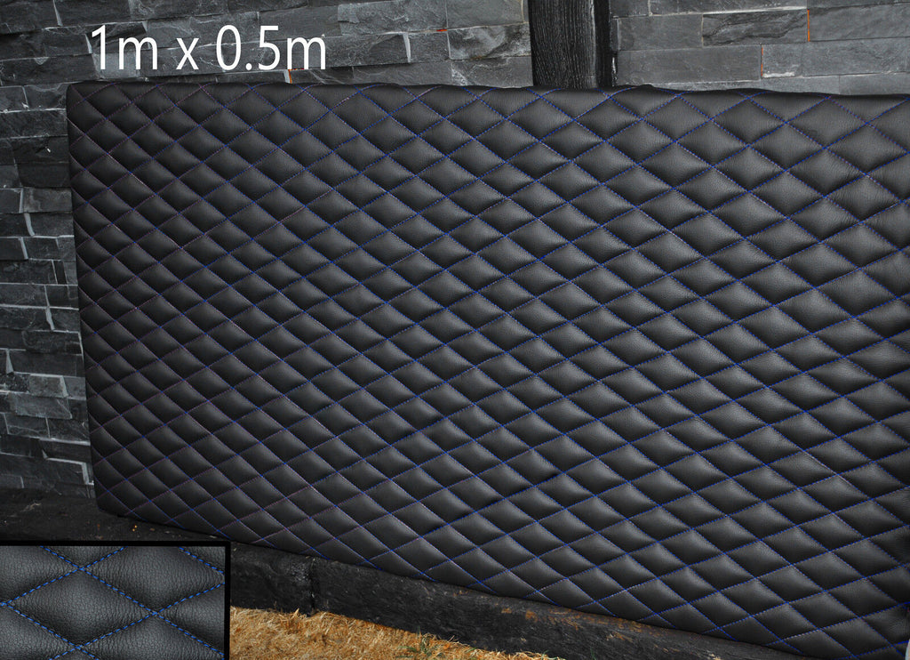 BLACK LEATHER PADDED R BLUE DIAMOND STITCH 1M X 0.5M UPHOLSTERY FURNITURE AUTO