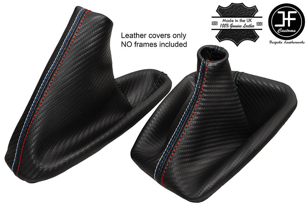BLACK & TRI STITCH CARBON LOOK GEAR & HANDBRAKE GAITER FITS BMW E90 E91 E92 E93