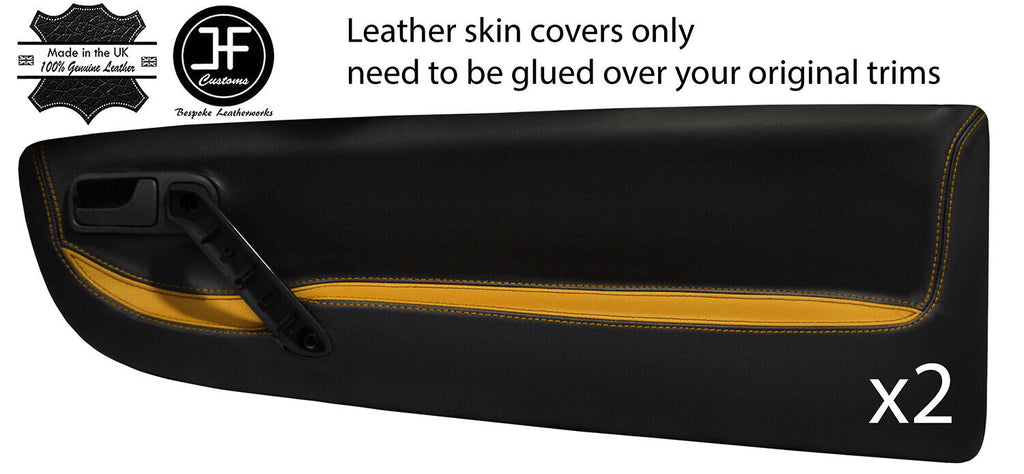 BLACK&YELLOW LEATHER 2X FRONT DOOR CARD TRIM COVERS FITS VW LUPO 98-05 STYLE 2