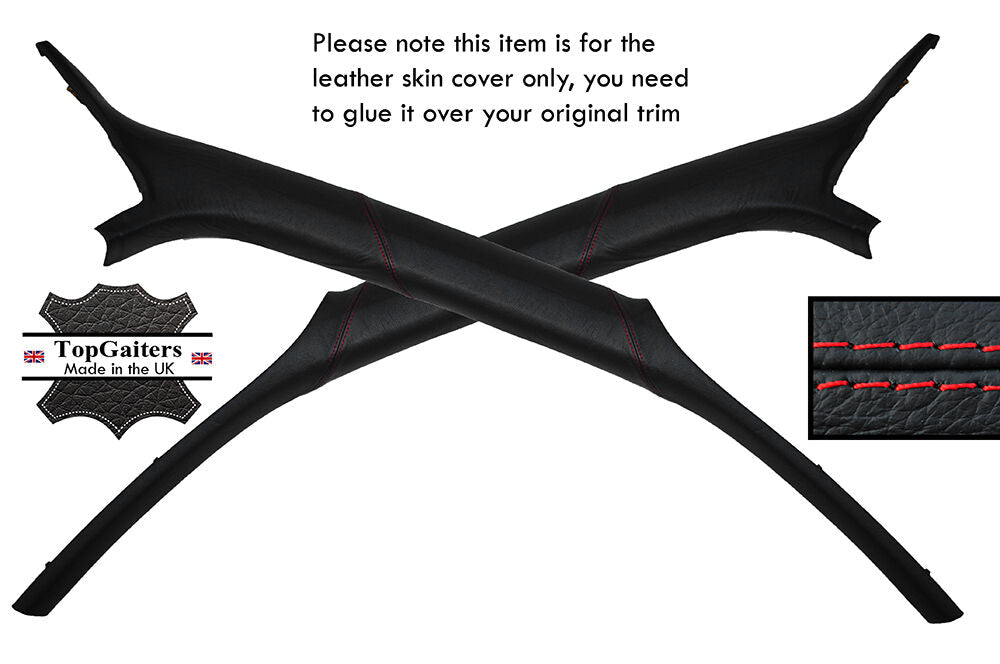 RED STITCH 2X A PILLARS LEATHER SKIN COVERS FITS FORD FOCUS MK1 98-04 5 DOOR