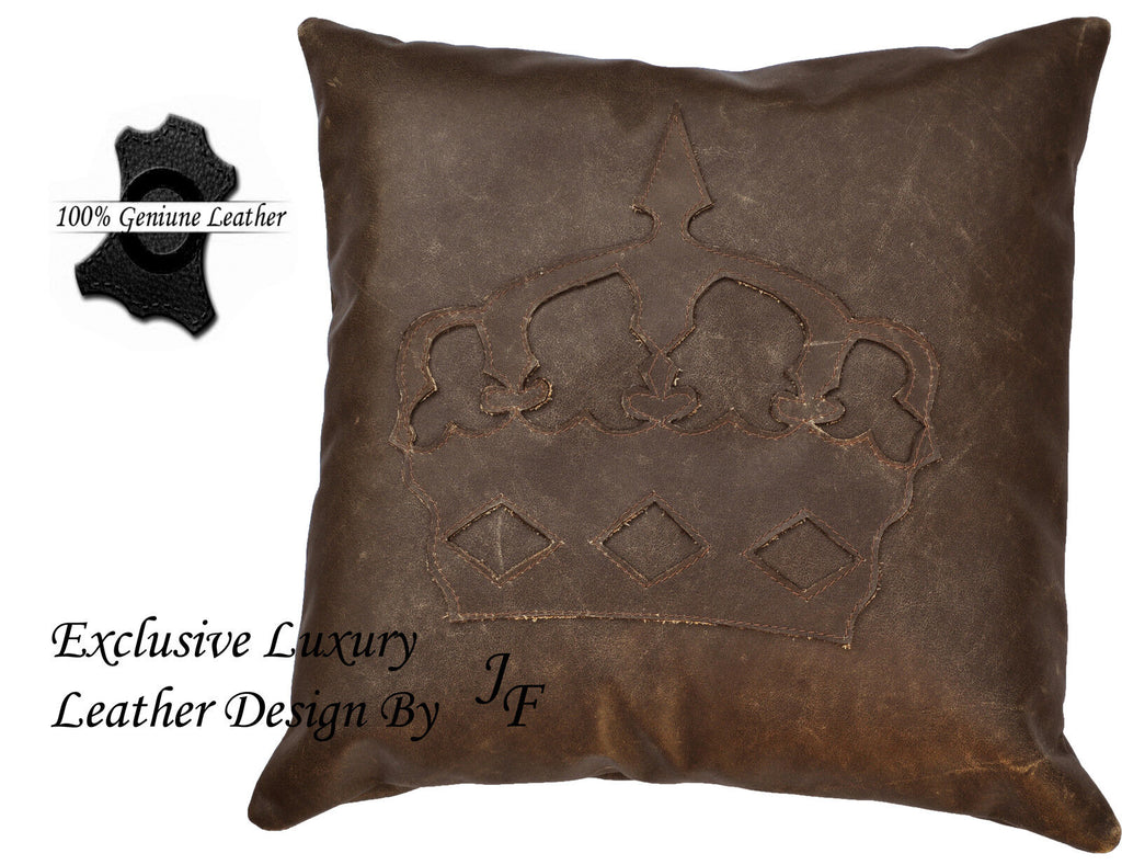EXCLUSIVE LUXURY GENUINE DISTRESS BROWN LEATHER CUSHION CROWN DESIGN LARGE