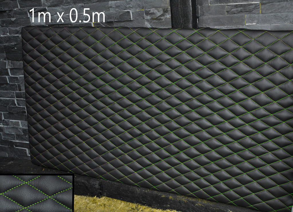 BLACK LEATHER PADDED L GREEN DIAMOND STITCH 1M X 0.5M UPHOLSTERY FURNITURE AUTO