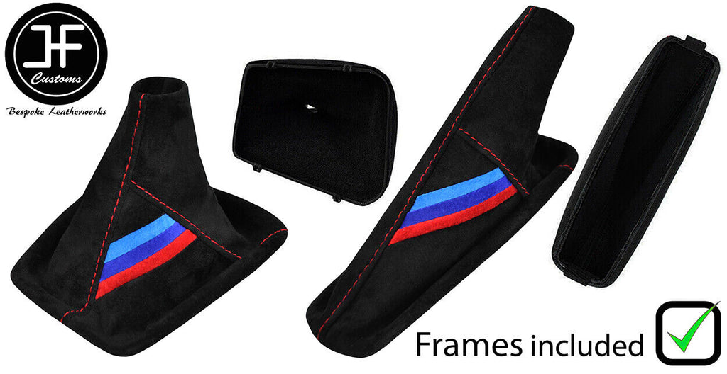 RED STITCH TRI STRIPE SUEDE MANUAL GAITER SET+PLASTIC FRAME FOR BMW 3 E36 91-99