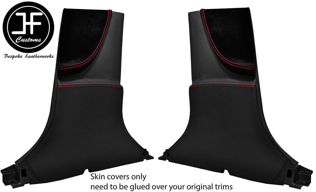 RED STITCH 2X FULL LOWER B PILLAR NAPPA & SUEDE COVER FOR TESLA MODEL S 12-16