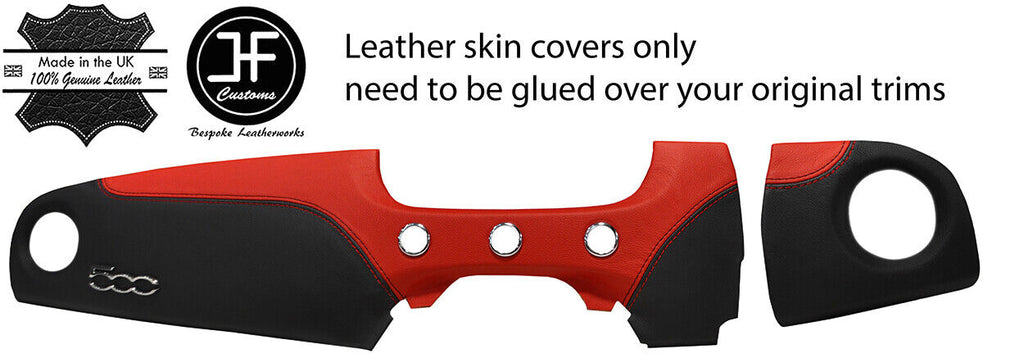 BLACK & RED LEATHER 2 PIECE DASH KIT COVER FITS FIAT 500 ABARTH 07-16 STYLE 2