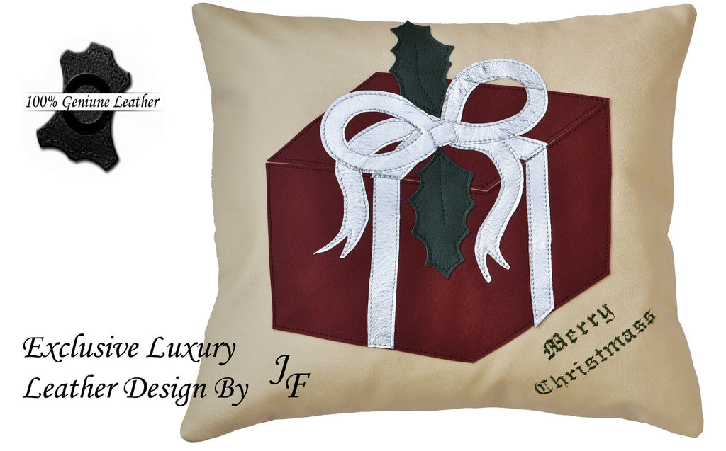 x1 EXCLUSIVE LUXURY GENUINE LEATHER CUSHION CHRISTMAS GIFT BOX DESIGN CREAM RED