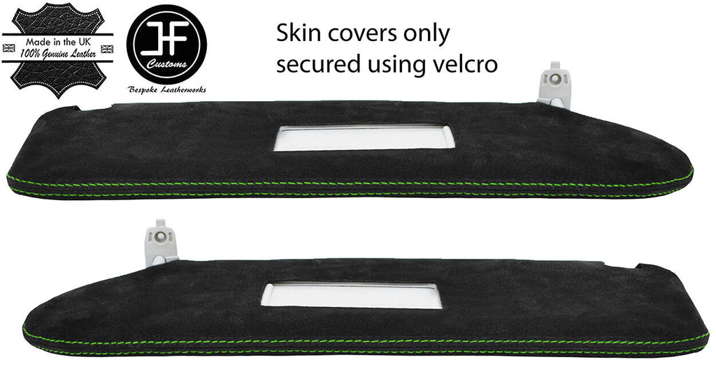 GREEN STITCHING 2X SUN VISOR LUXE SUEDE COVER FOR T6 TRANSPORTER 2 MIRROR CUTOUT