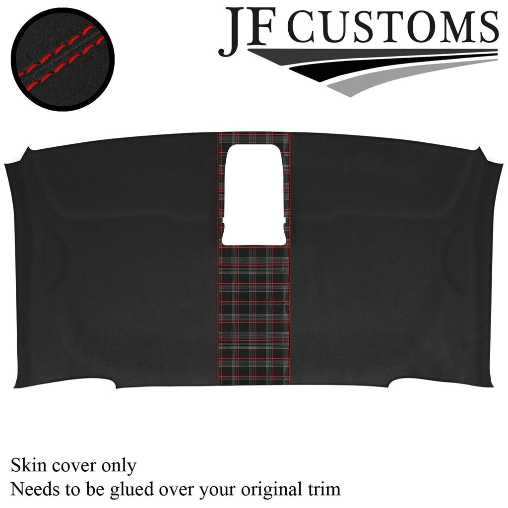 RED STITCH TARTAN D GREY SUEDE HEADLINER COVER FITS VW T6 MULTIVAN 16-19