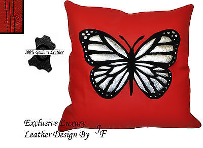 1X RED LUXURY GENUINE LEATHER CUSHION BLACK SUEDE BUTTERFLY DESIGN SEWED ON