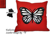 1X RED LUXURY GENUINE LEATHER CUSHION BLACK SUEDE BUTTERFLY DESIGN SEWED ON