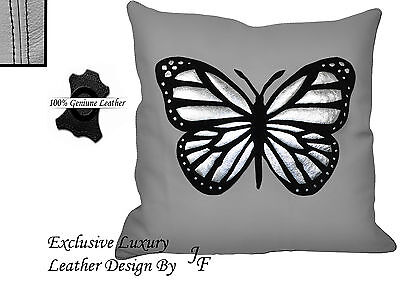 1X LIGHT GREY LUXURY GENUINE LEATHER CUSHION BLACK SUEDE BUTTERFLY SEWED ON
