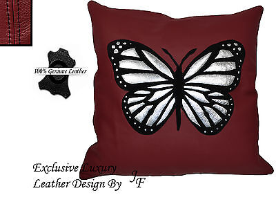 1X DARK RED LUXURY GENUINE LEATHER CUSHION BLACK SUEDE BUTTERFLY DESIGN SEWED ON
