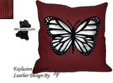 1X DARK RED LUXURY GENUINE LEATHER CUSHION BLACK SUEDE BUTTERFLY DESIGN SEWED ON
