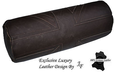 EXCLUSIVE LUXURY DISTRESS BROWN LEATHER CUSHION UNION JACK BOLSTER ROLL 9" x 24"