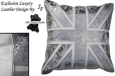 1X WHITE AND OLD SILVER EXCLUSIVE LUXURY GENUINE LEATHER CUSHION 20" x 20"